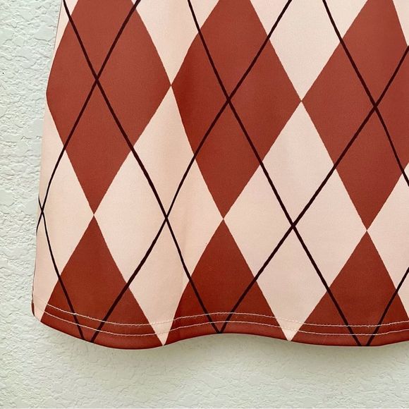 ROMWE, Argyle Print, Stretch Nylon, Pull-on Short Skirt, Brown & Pink, J… - Picture 2 of 7